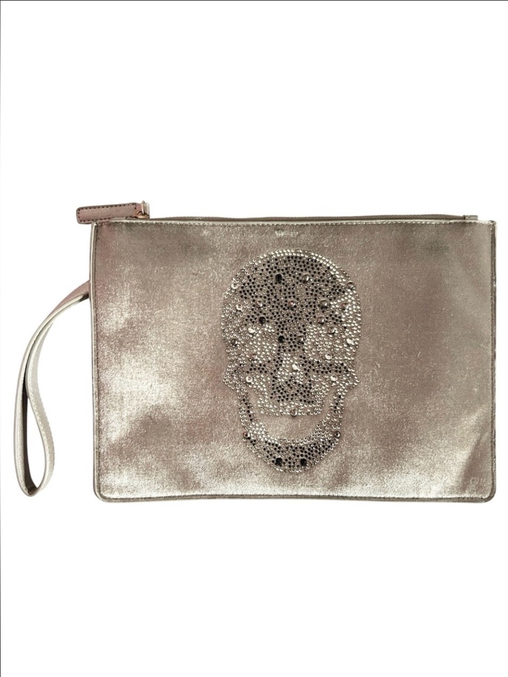 AhDorned Large Velvet Velour Wristlet in Gray with Sparkle Skull Accent